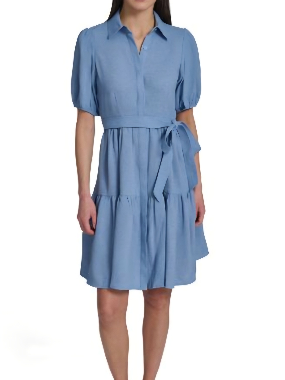 Calvin Klein Light Blue Tiered Shirtwaist Dress with Waist Tie